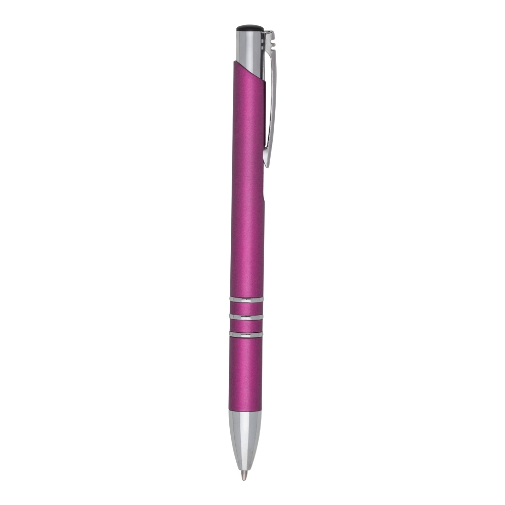 Caneta plástica metalizada com clipe cromado e três anéis personalizada com a logo da empresa, na cor rosa