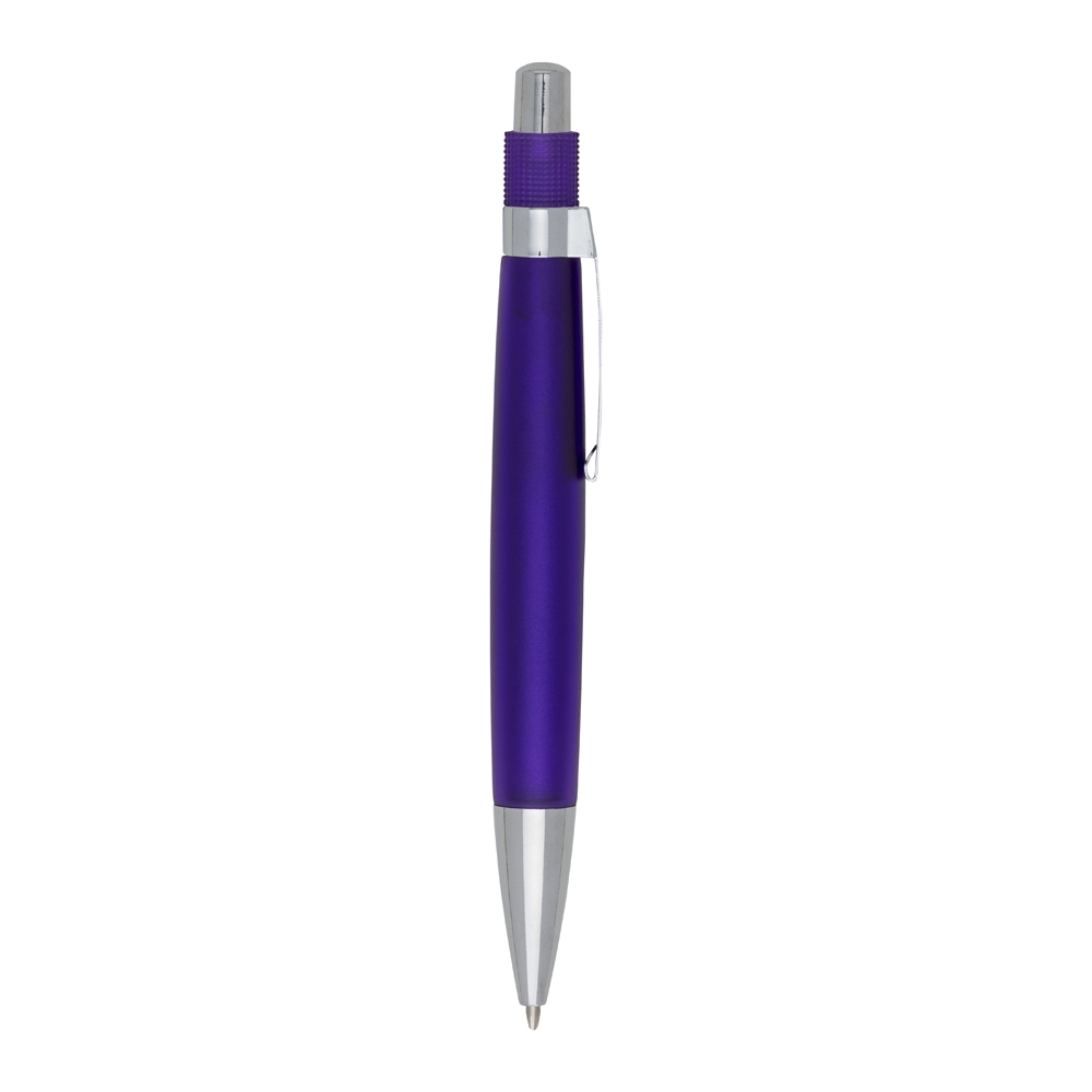 Caneta plástica translúcida de corpo largo com detalhes prateados na cor Roxo / Prata, personalizada com a logo da empresa
