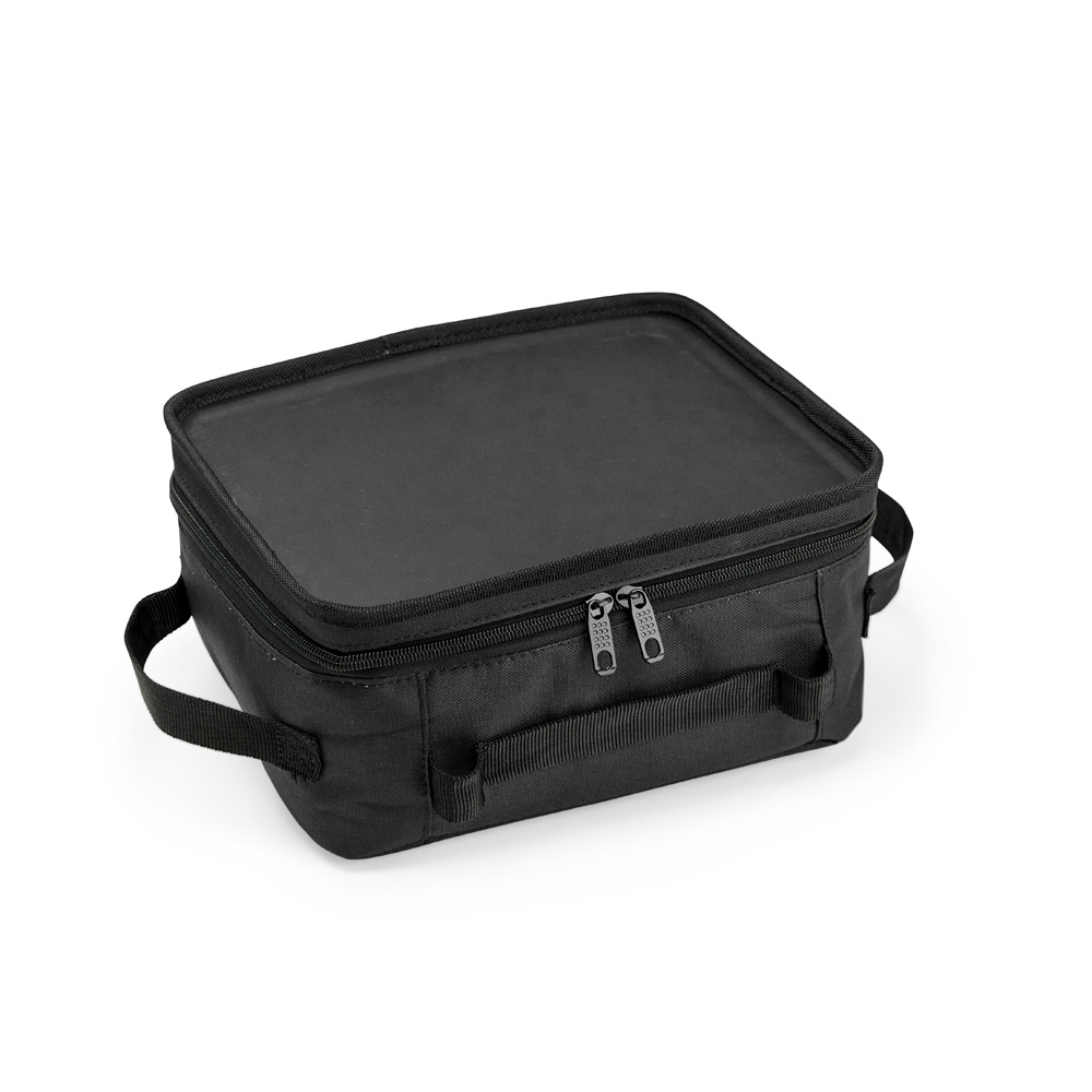 Bolsa térmica 9 litros de poliéster impermeável na cor Preto, personalizada com a logo da empresa