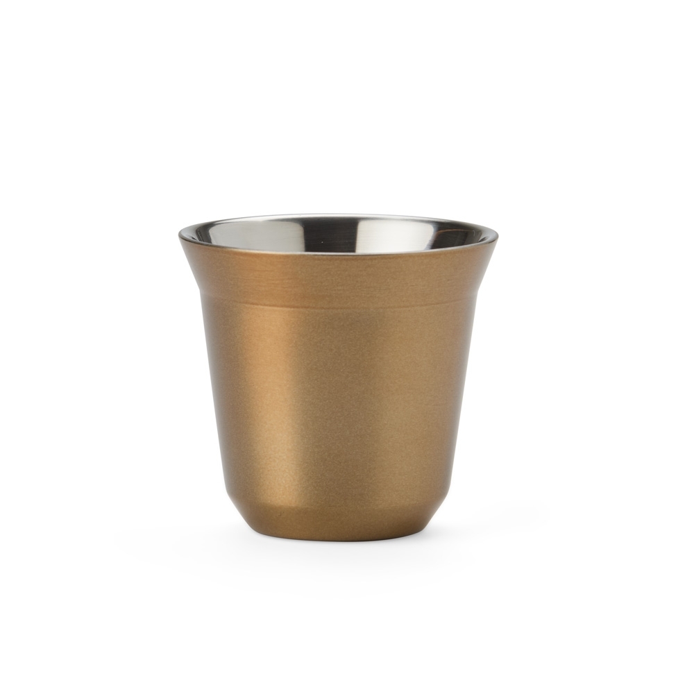 Copo parede dupla 80 ml de inox personalizado com a logo da empresa, na cor dourado