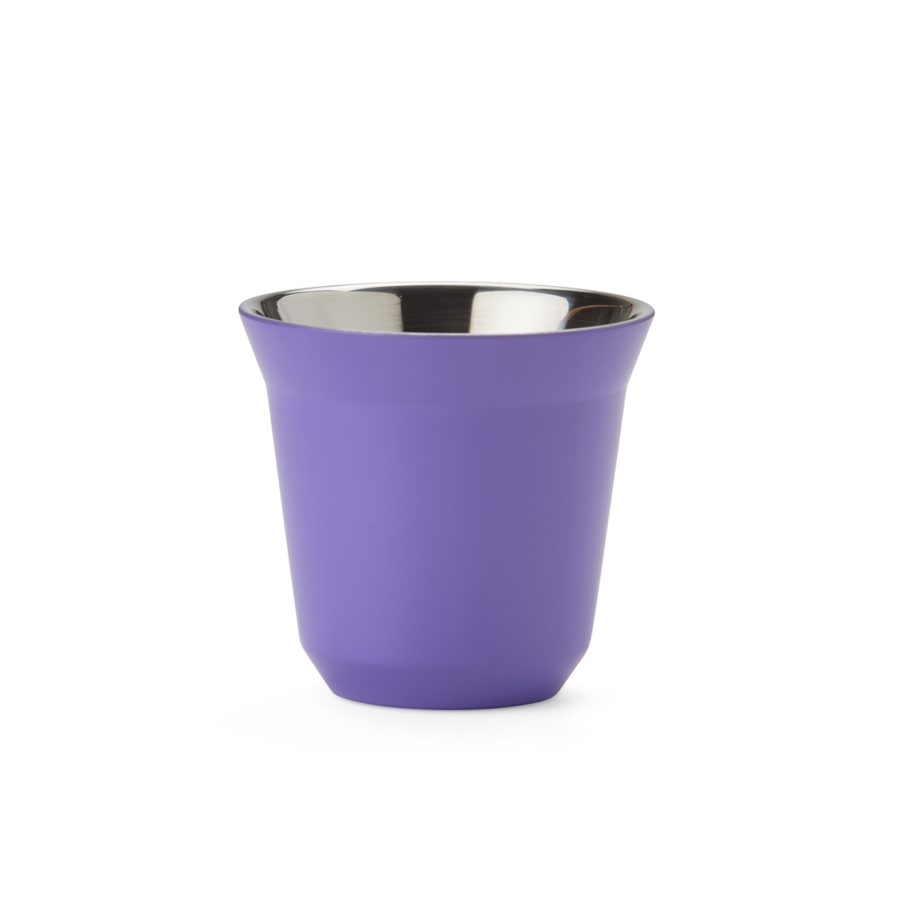 Copo parede dupla 80 ml de inox personalizado com a logo da empresa, na cor roxo