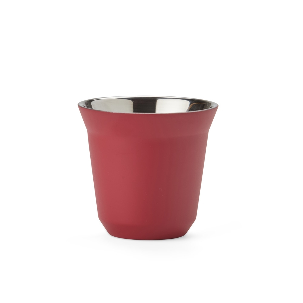 Copo parede dupla 80 ml de inox personalizado com a logo da empresa, na cor vermelho