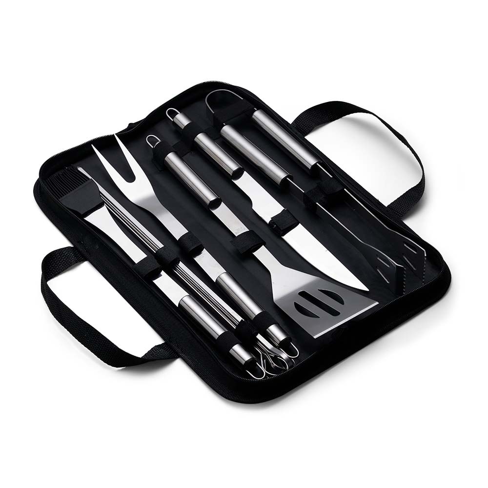 Kit churrasco 9 peças com estojo na cor Preto, personalizado com a logo da empresa