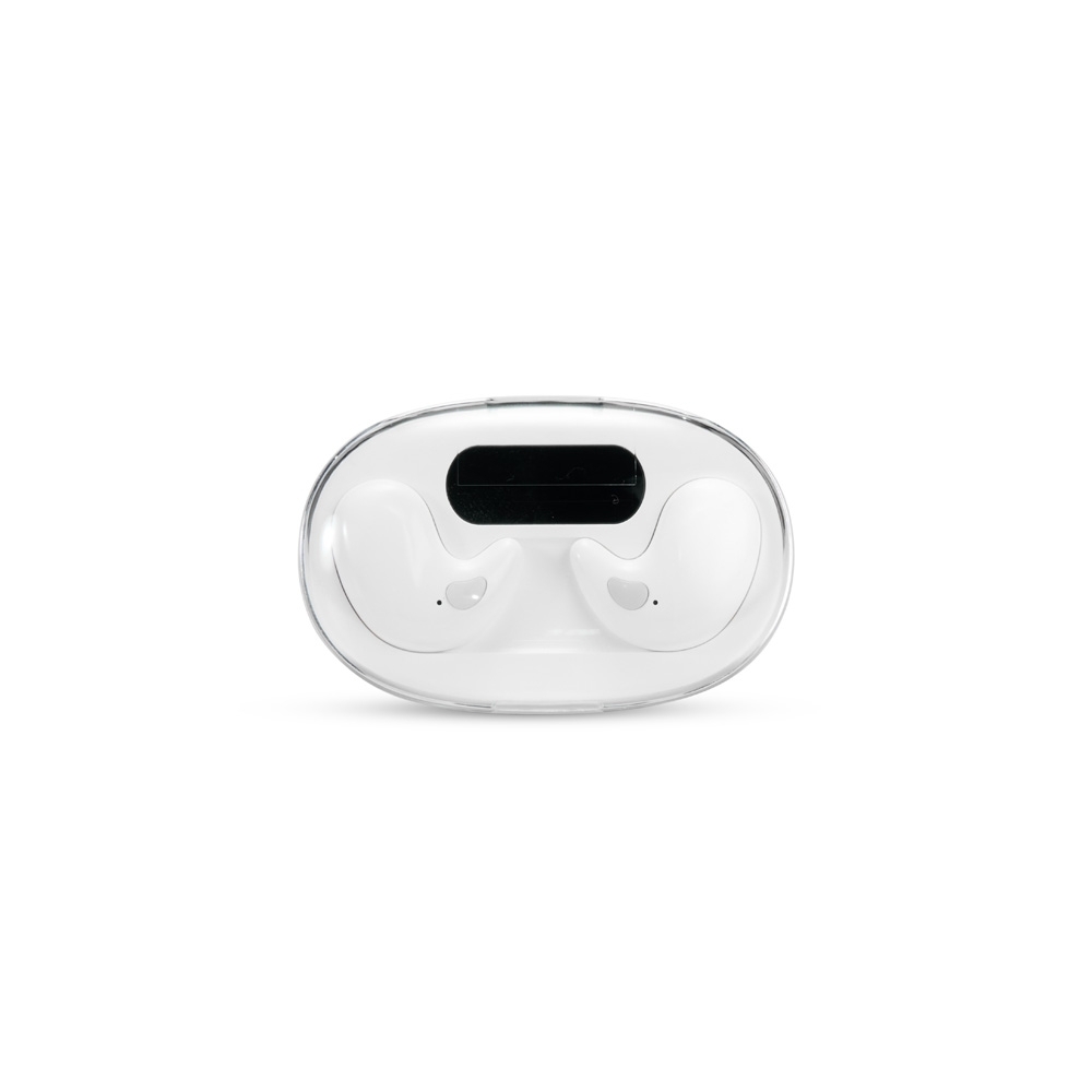 Fone de ouvido Bluetooth de plástico com case carregador e display personalizado com a logo da empresa, na cor branco