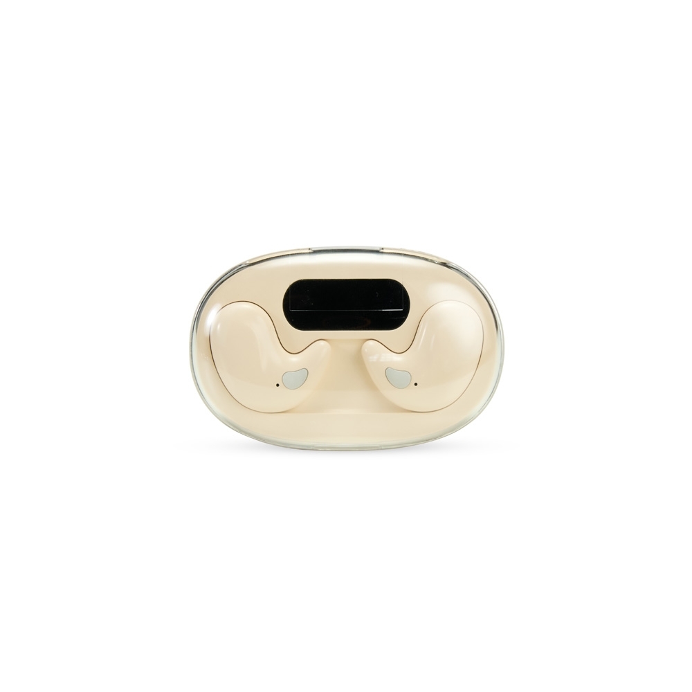 Fone de ouvido Bluetooth de plástico com case carregador e display personalizado com a logo da empresa, na cor bege