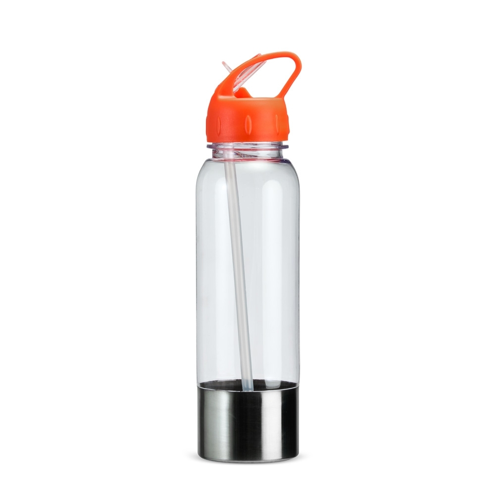 Squeeze plástico 750 ml com canudo personalizado com a logo da empresa, na cor laranja / inox