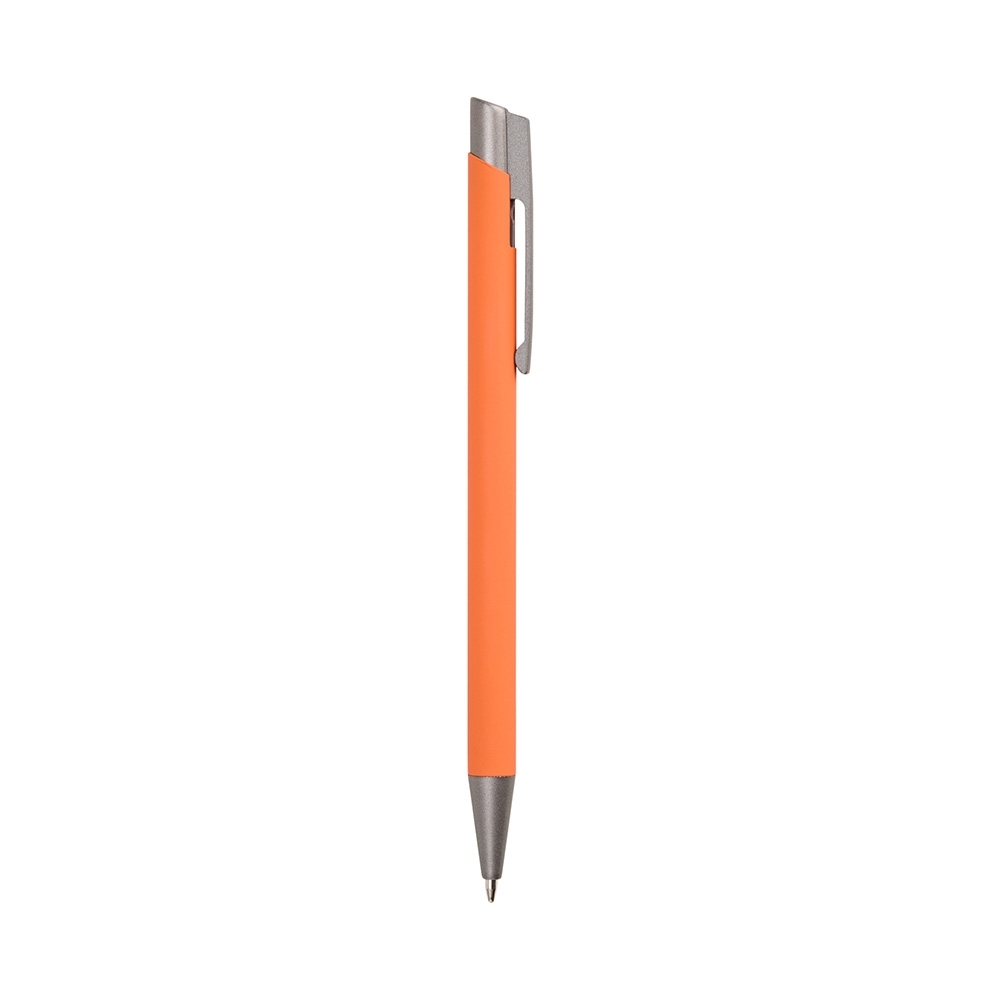 Caneta de metal emborrachada com topo cromado inclinado personalizada com a logo da empresa, na cor laranja