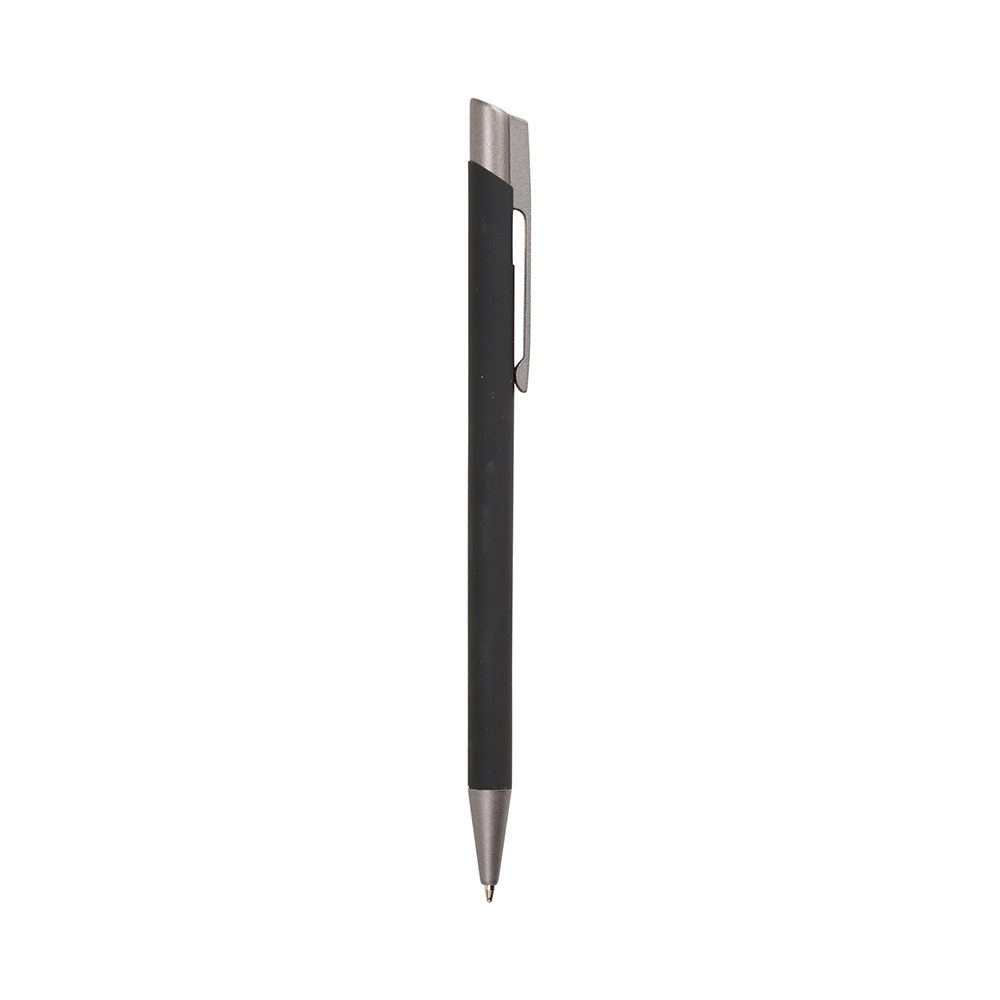 Caneta de metal emborrachada com topo cromado inclinado na cor Preto, personalizada com a logo da empresa