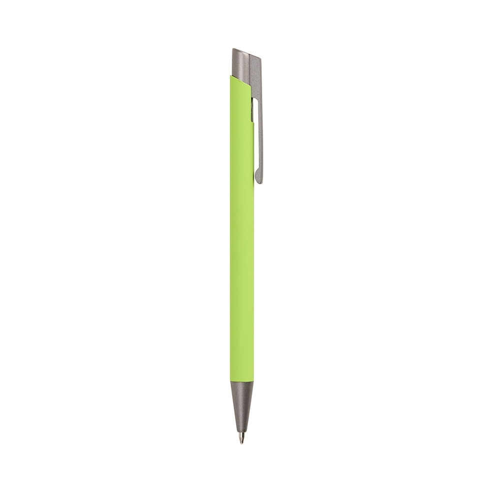 Caneta de metal emborrachada com topo cromado inclinado personalizada com a logo da empresa, na cor verde claro