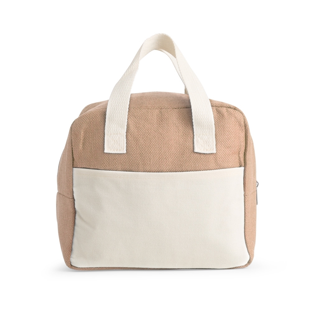 Bolsa térmica 8 litros de poliéster com bolso frontal na cor Bege, personalizada com a logo da empresa