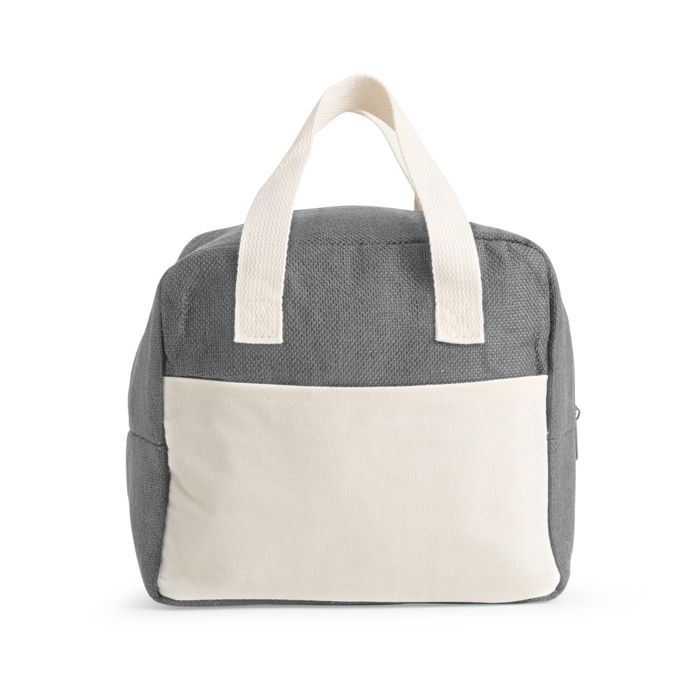 Bolsa térmica 8 litros de poliéster com bolso frontal na cor Cinza / Bege, personalizada com a logo da empresa