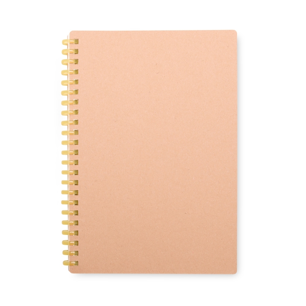 Caderno de kraft com espiral e 80 folhas (20,5 x 14,5 cm) personalizado com a logo da empresa, na cor amarelo