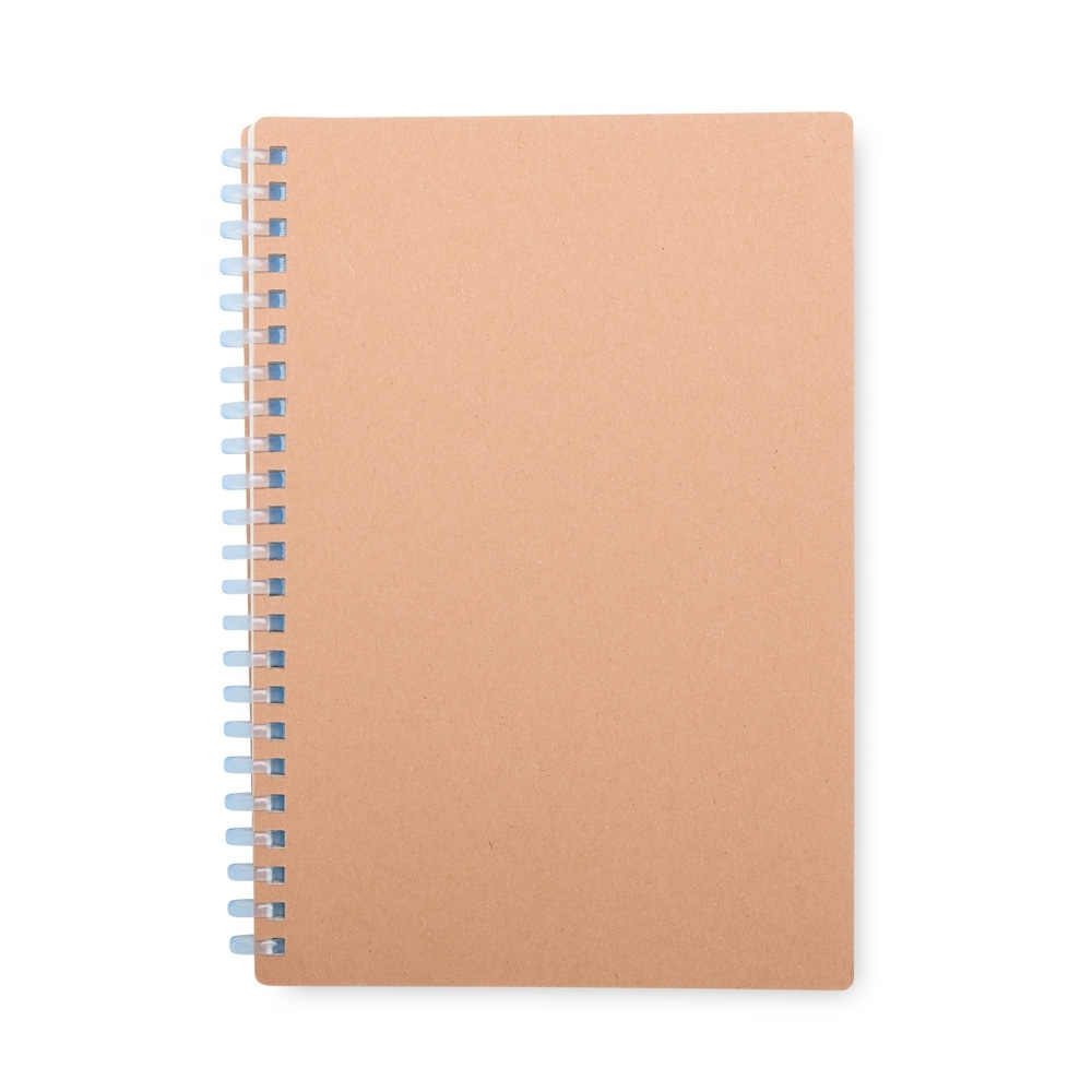 Caderno de kraft com espiral e 80 folhas (20,5 x 14,5 cm) na cor Azul claro, personalizado com a logo da empresa