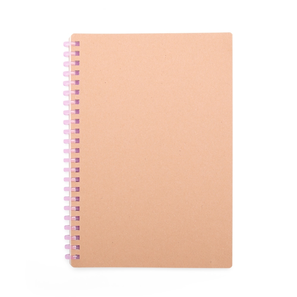 Caderno de kraft com espiral e 80 folhas (20,5 x 14,5 cm) personalizado com a logo da empresa, na cor roxo