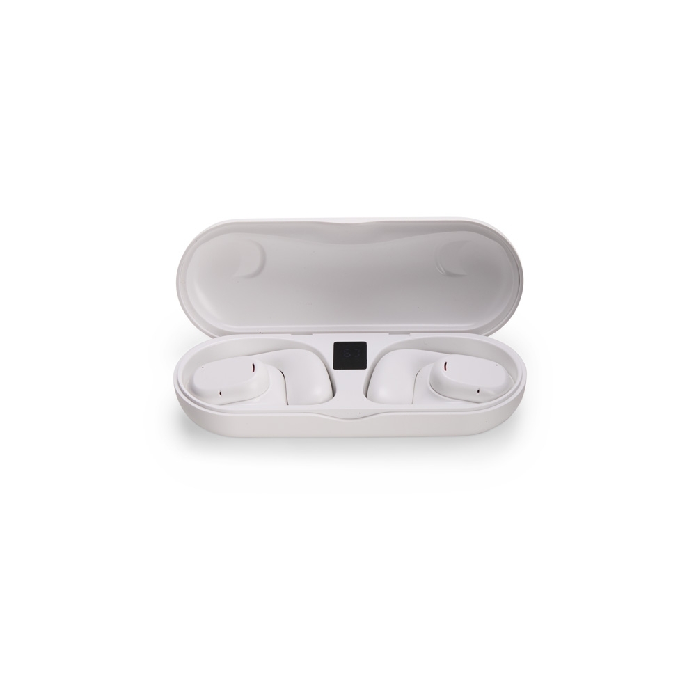 Fone de ouvido Bluetooth de formato aberto com case e visor de carga personalizado com a logo da empresa