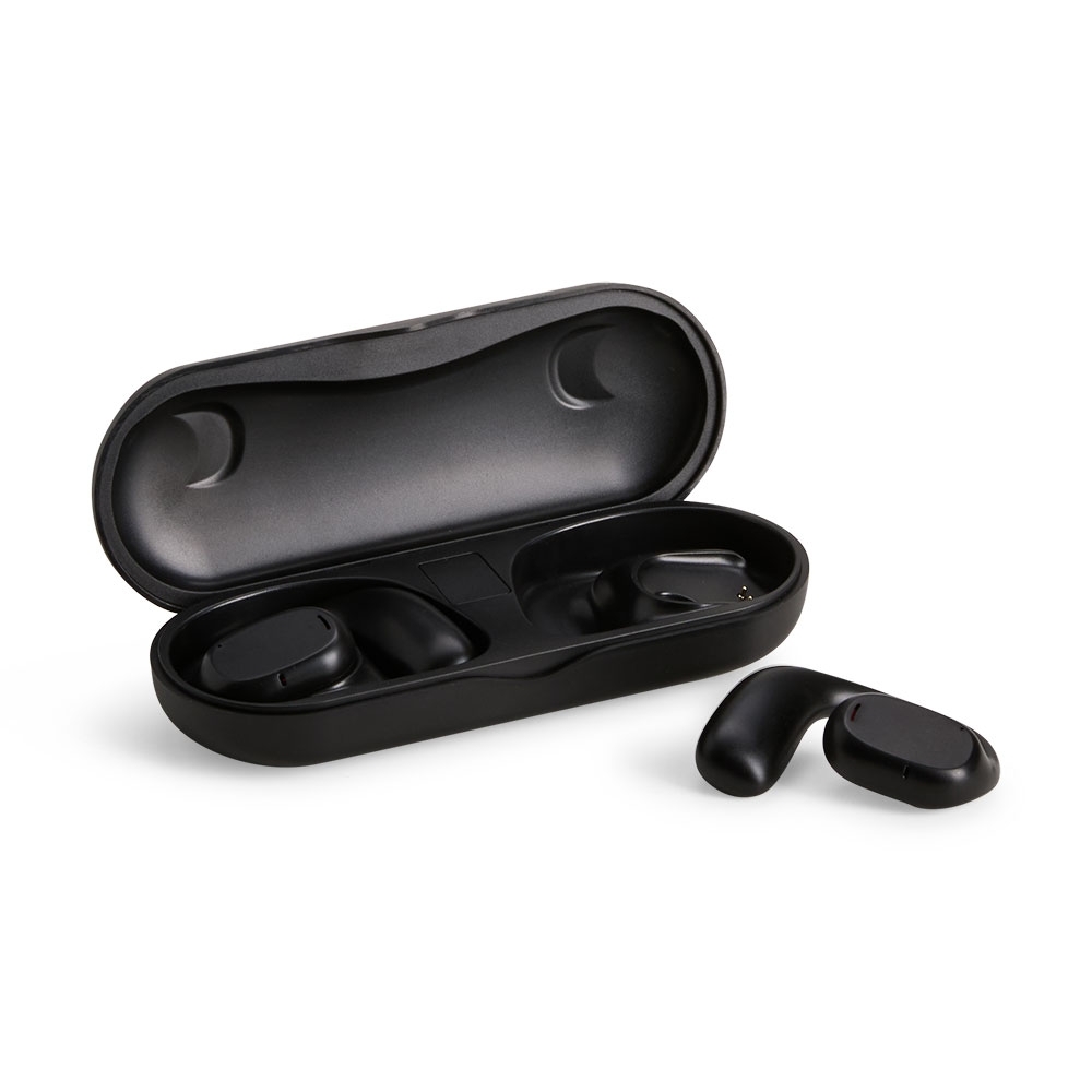 Fone de ouvido Bluetooth de formato aberto com case e visor de carga na cor Preto, personalizado com a logo da empresa