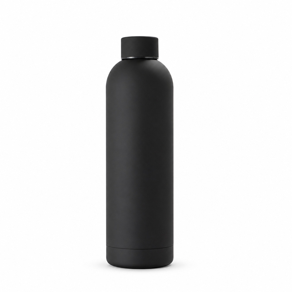 Garrafa inox 750 ml de parede dupla emborrachada na cor Preto, personalizada com a logo da empresa