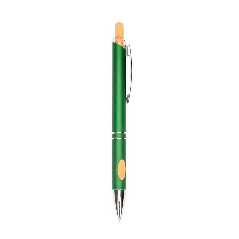 Caneta de metal com detalhe em bambu personalizada com a logo da empresa, na cor verde