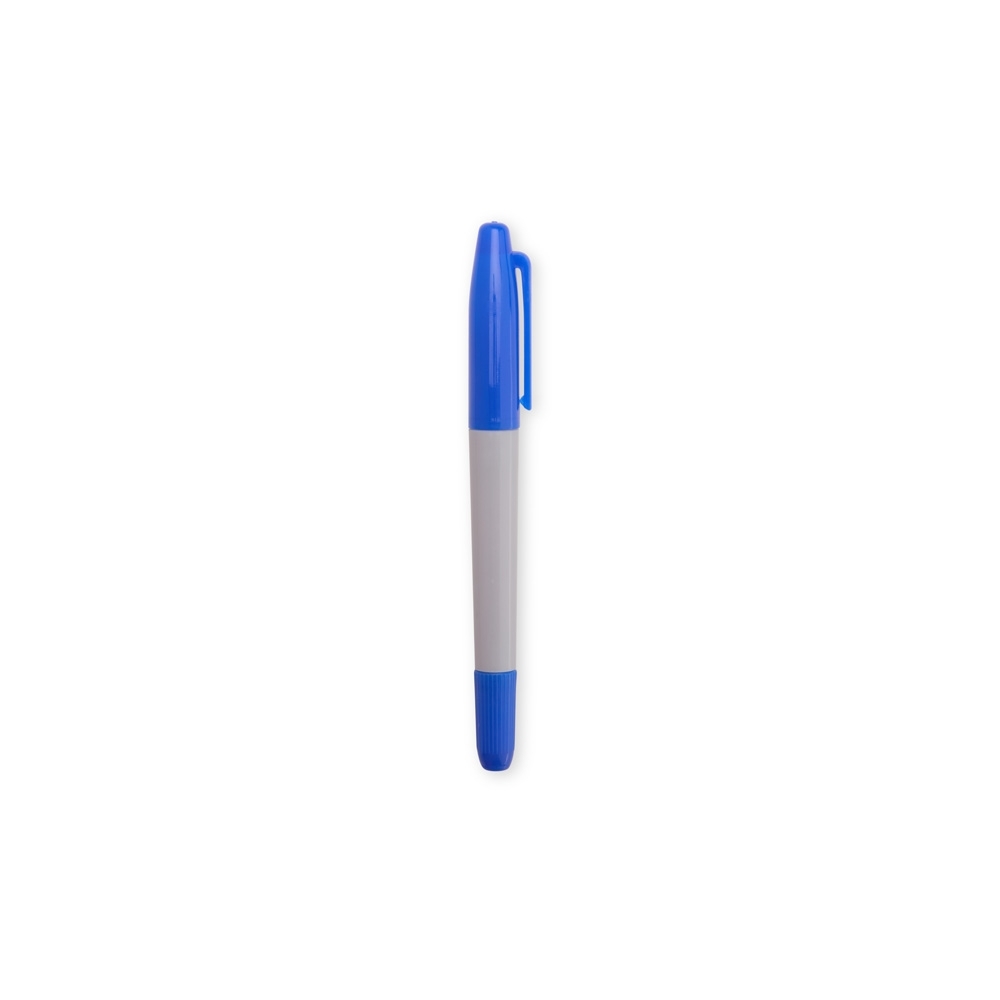 Caneta marcadora ponta dupla de plástico na cor Cinza / Azul, personalizada com a logo da empresa