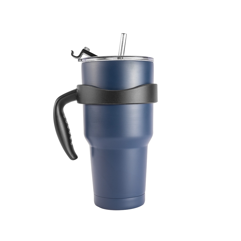 Caneca térmica inox 800 ml emborrachada com canudo personalizada com a logo da empresa, na cor azul / preto
