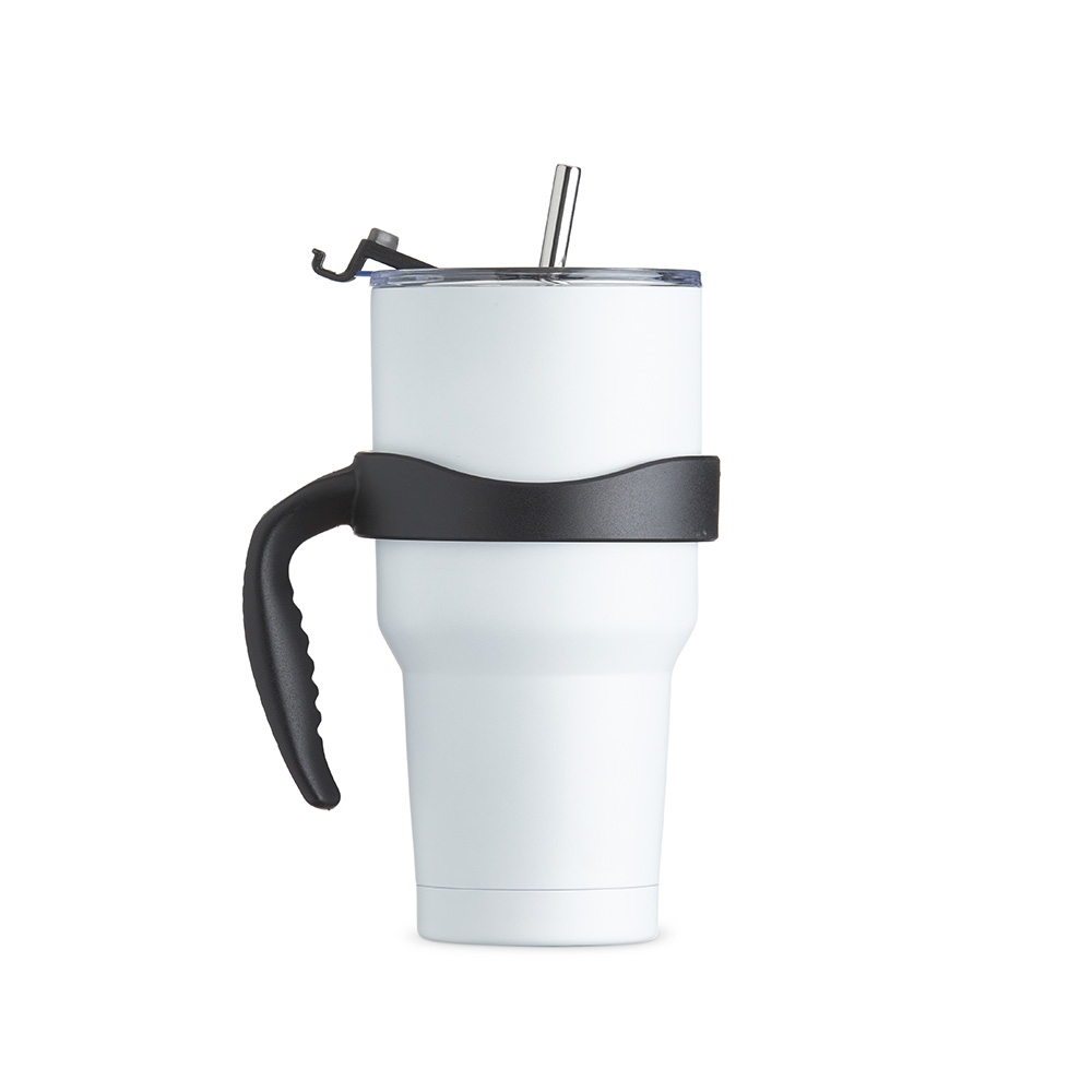 Caneca térmica inox 800 ml emborrachada com canudo personalizada com a logo da empresa, na cor branco / preto