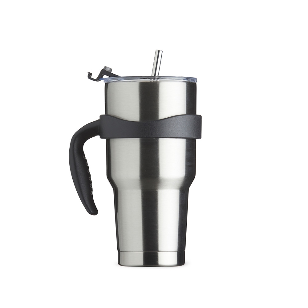 Caneca térmica inox 800 ml emborrachada com canudo personalizada com a logo da empresa, na cor inox