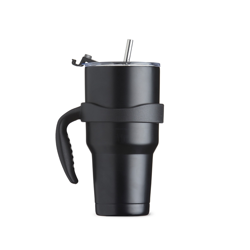 Caneca térmica inox 800 ml emborrachada com canudo na cor Preto, personalizada com a logo da empresa
