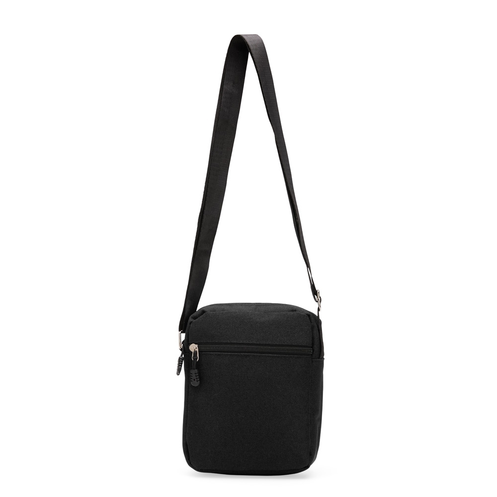 Mini bolsa transversal oxford na cor Preto, personalizada com a logo da empresa
