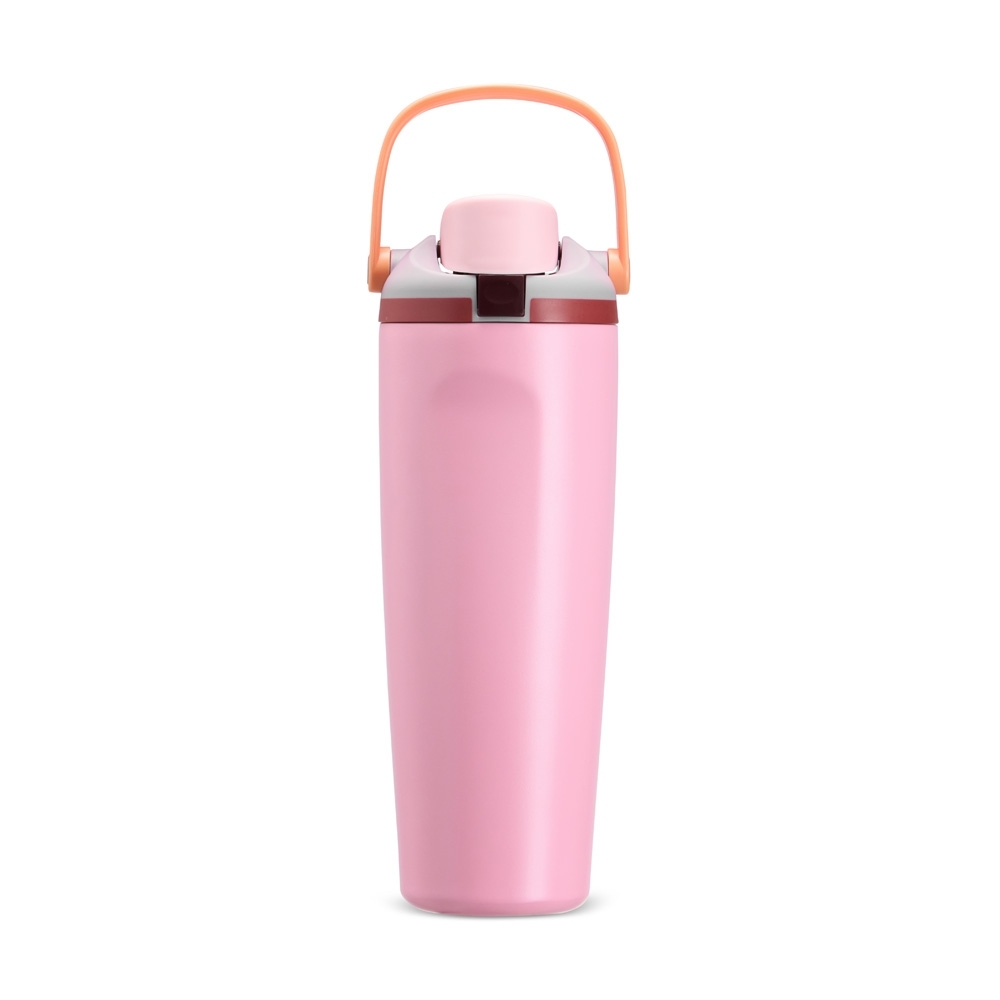 Garrafa térmica 850 ml de inox com tampa de botão personalizada com a logo da empresa, na cor rosa