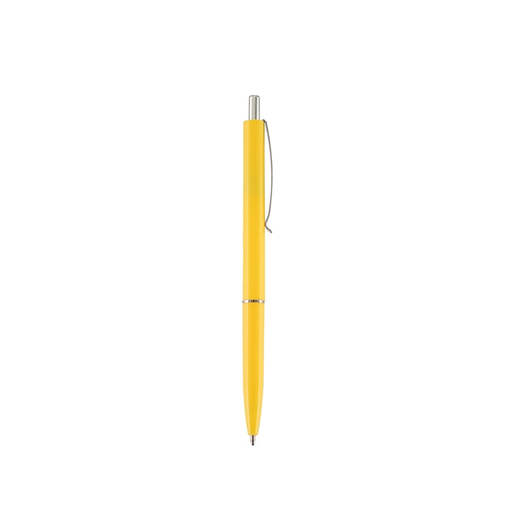 Caneta plástica com ponteira de metal personalizada com a logo da empresa, na cor amarelo / prata