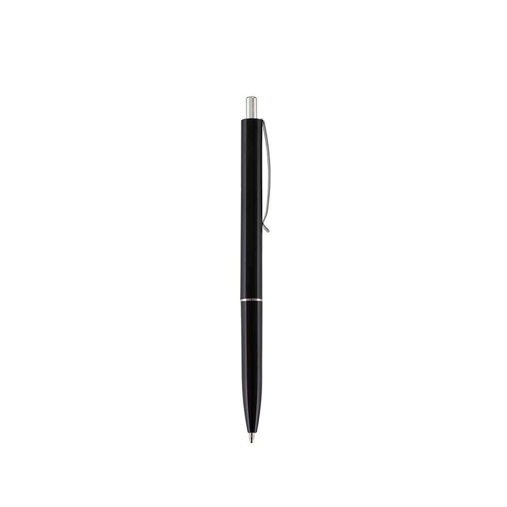 Caneta plástica com ponteira de metal na cor Preto / Prata, personalizada com a logo da empresa