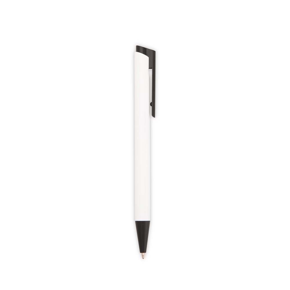 Caneta de metal curta com clipe reto e ponteira de plástico na cor Branco / Preto, personalizada com a logo da empresa