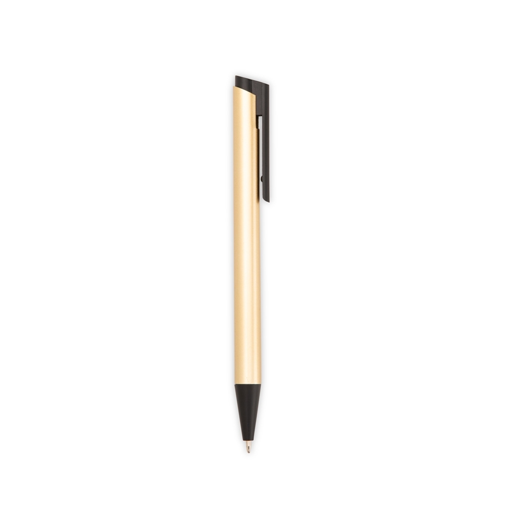 Caneta de metal curta com clipe reto e ponteira de plástico personalizada com a logo da empresa, na cor dourado / preto