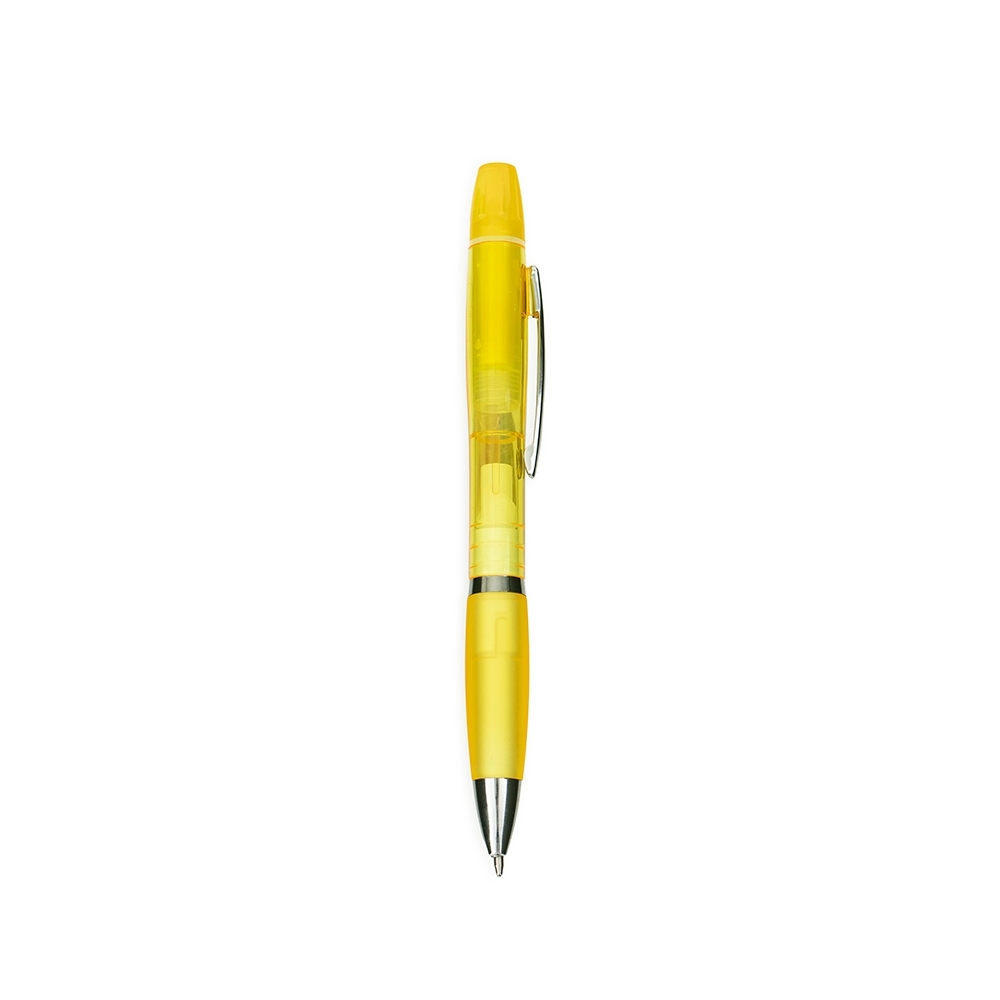 Caneta plástica giratória com marca-texto personalizada com a logo da empresa, na cor amarelo
