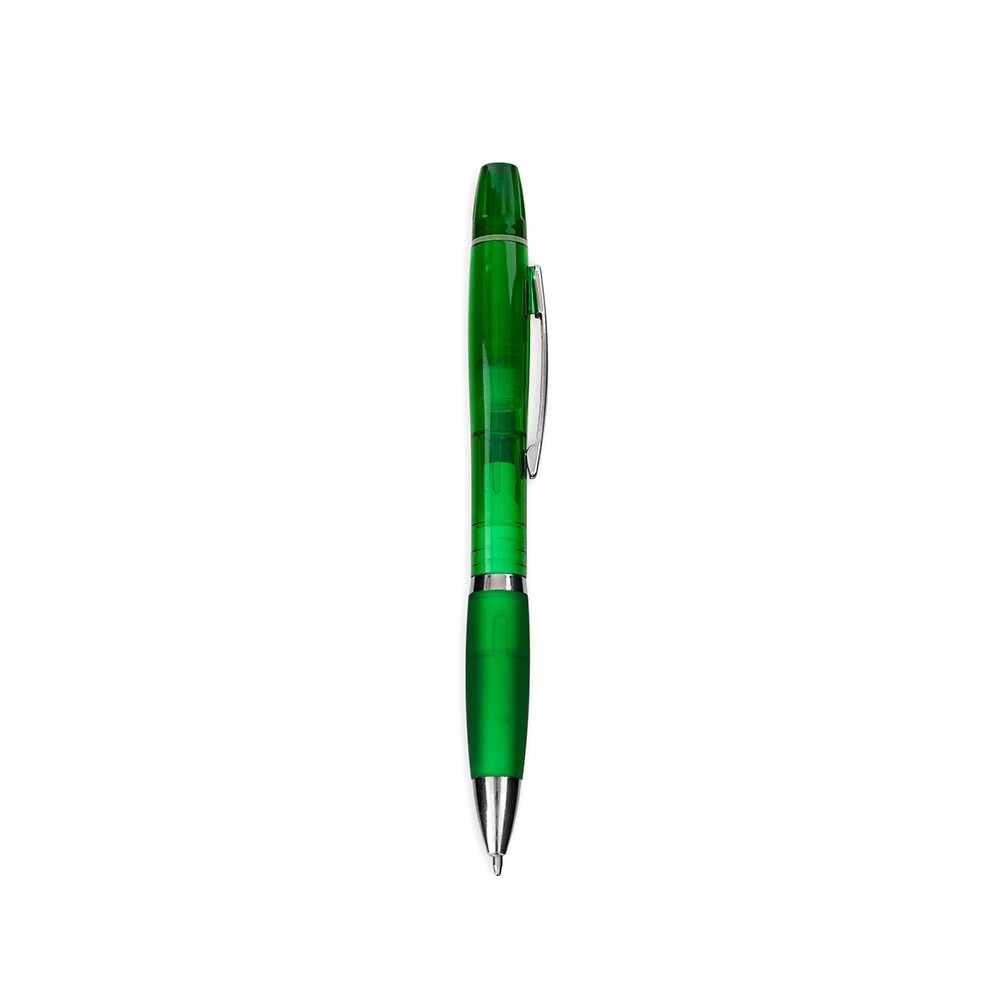 Caneta plástica giratória com marca-texto na cor Verde, personalizada com a logo da empresa