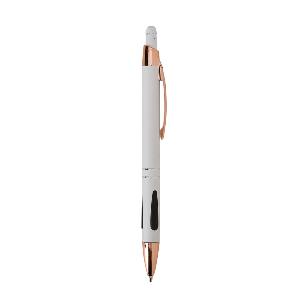 Caneta de metal touch emborrachada com detalhe emborrachado na cor Branco / Cobre, personalizada com a logo da empresa