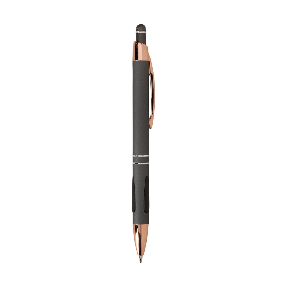 Caneta de metal touch emborrachada com detalhe emborrachado personalizada com a logo da empresa, na cor chumbo