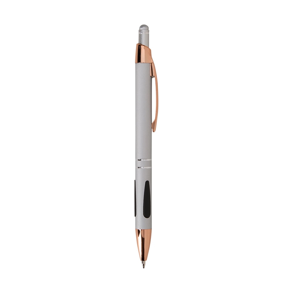 Caneta de metal touch emborrachada com detalhe emborrachado personalizada com a logo da empresa, na cor prata