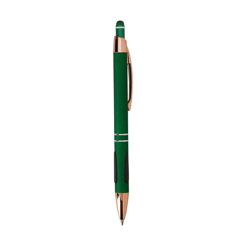 Caneta de metal touch emborrachada com detalhe emborrachado personalizada com a logo da empresa, na cor verde