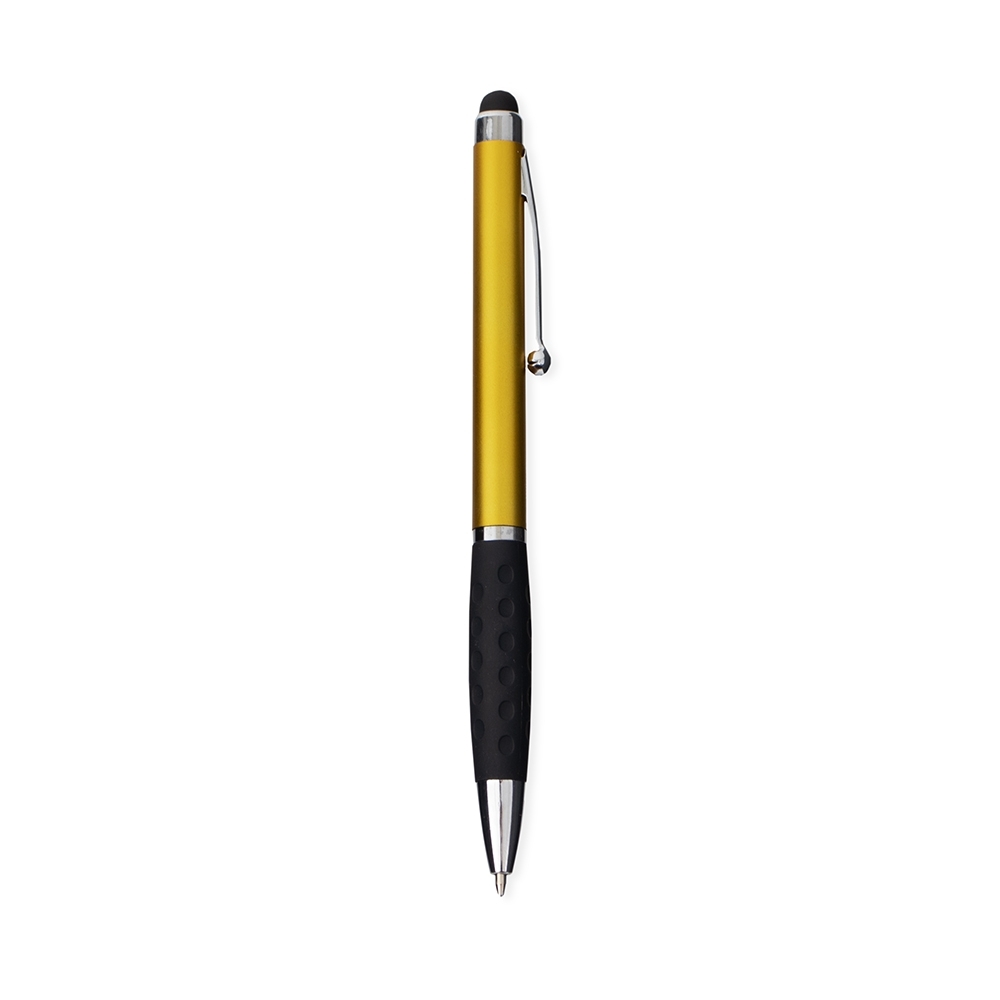Caneta plástica touch com detalhes de metal personalizada com a logo da empresa, na cor dourado