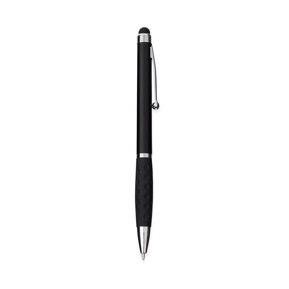 Caneta plástica touch com detalhes de metal na cor Preto, personalizada com a logo da empresa