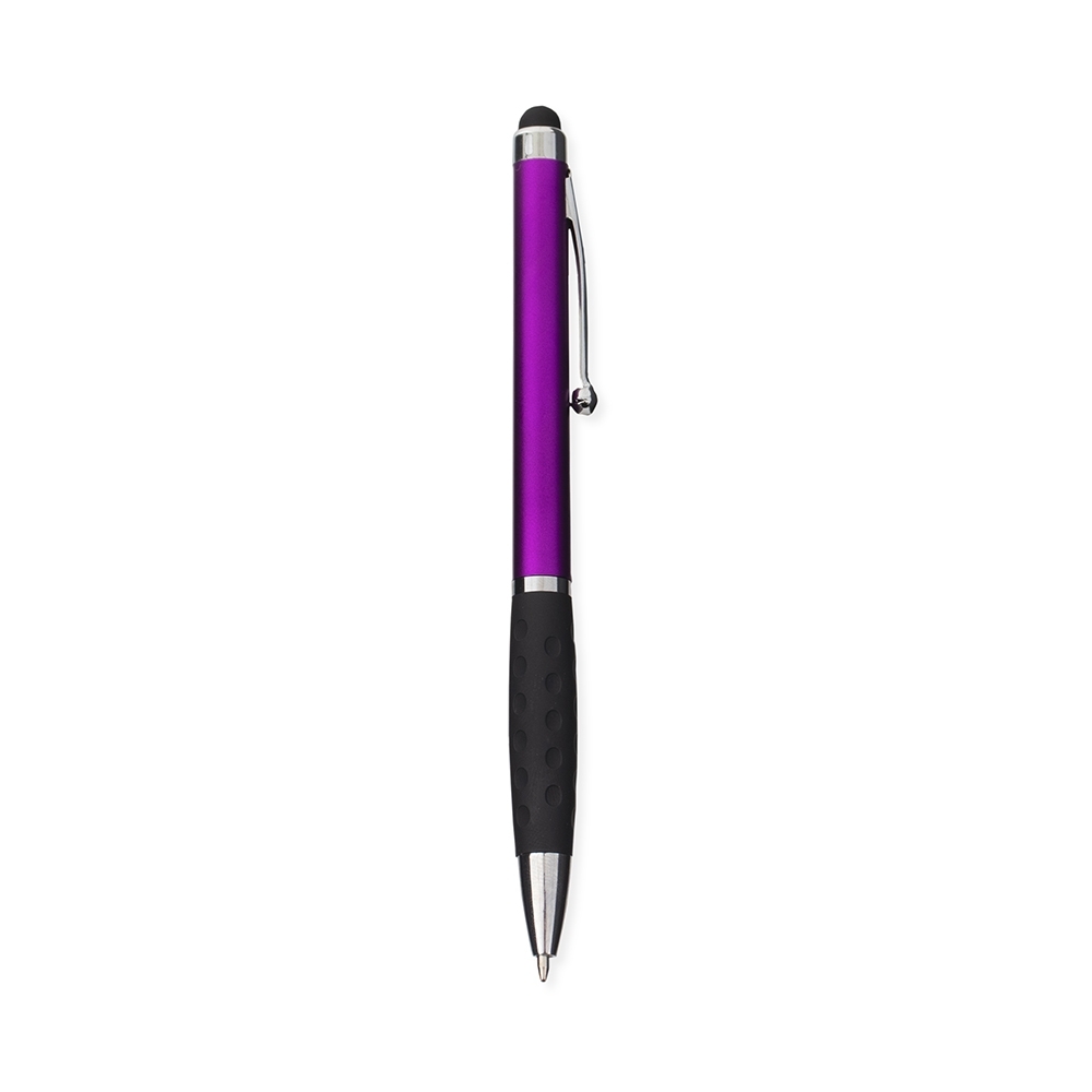 Caneta plástica touch com detalhes de metal personalizada com a logo da empresa, na cor roxo