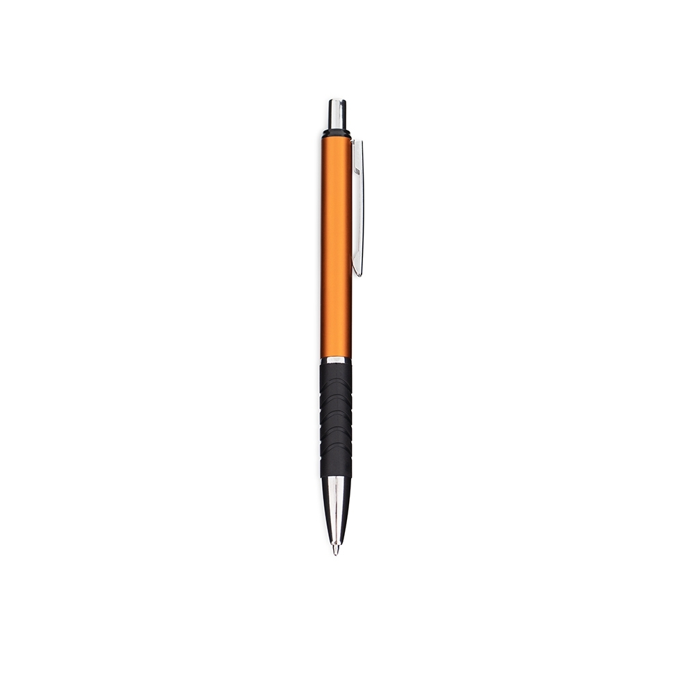 Caneta de metal fina com pega emborrachada texturizada personalizada com a logo da empresa, na cor laranja / prata