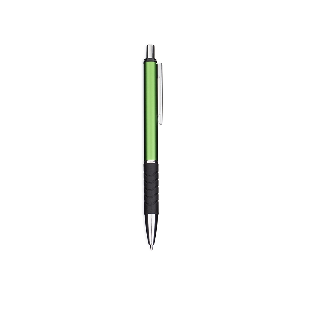 Caneta de metal fina com pega emborrachada texturizada personalizada com a logo da empresa, na cor verde / prata