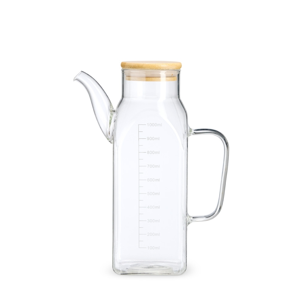 Jarra de vidro borossilicato 1 litro com tampa de bambu na cor Transparente, personalizada com a logo da empresa