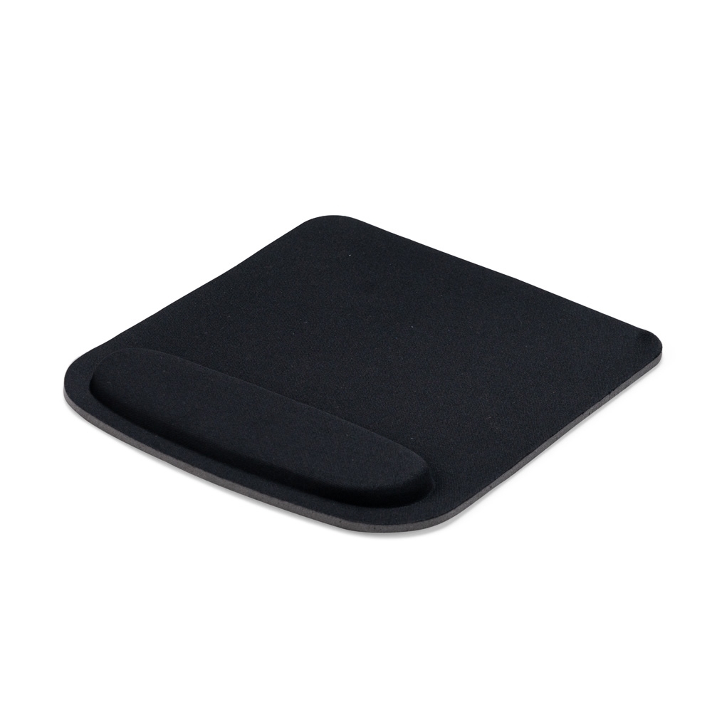 Mouse pad ergonômico de poliéster na cor Preto, personalizado com a logo da empresa