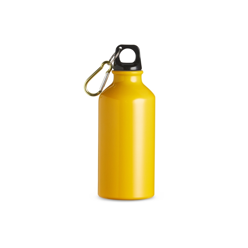 Squeeze de alumínio 420 ml com alça personalizado com a logo da empresa, na cor amarelo / preto