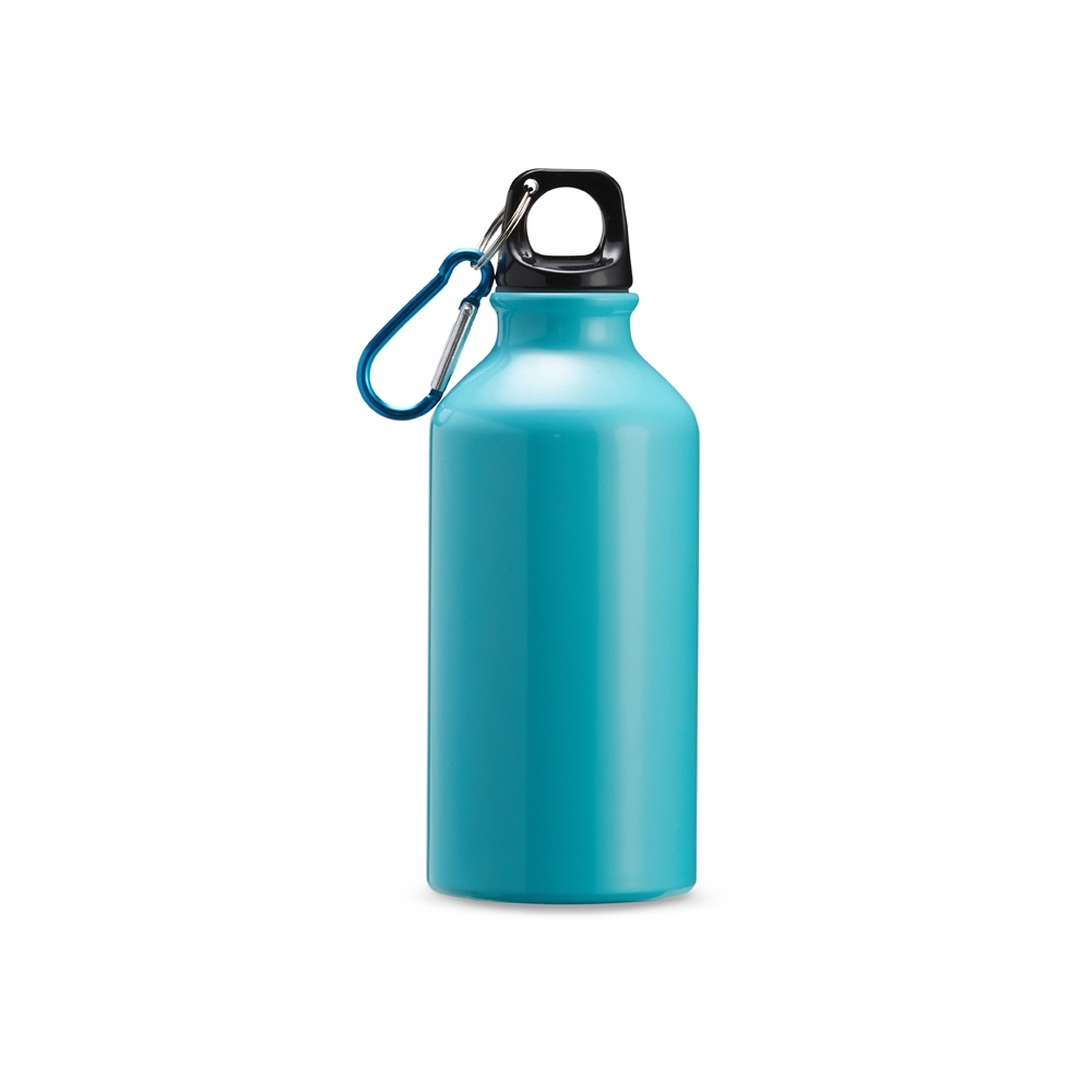 Squeeze de alumínio 420 ml com alça personalizado com a logo da empresa, na cor azul claro / preto