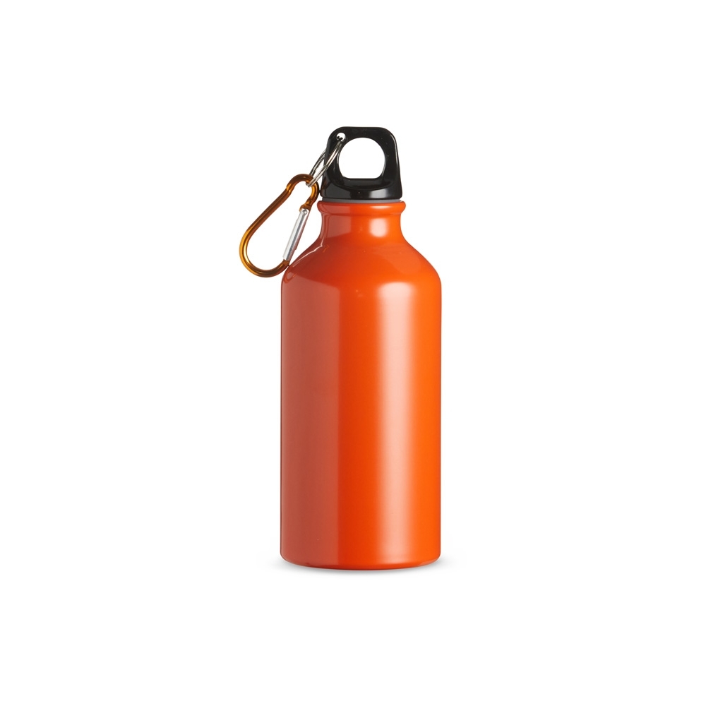Squeeze de alumínio 420 ml com alça personalizado com a logo da empresa, na cor laranja / preto
