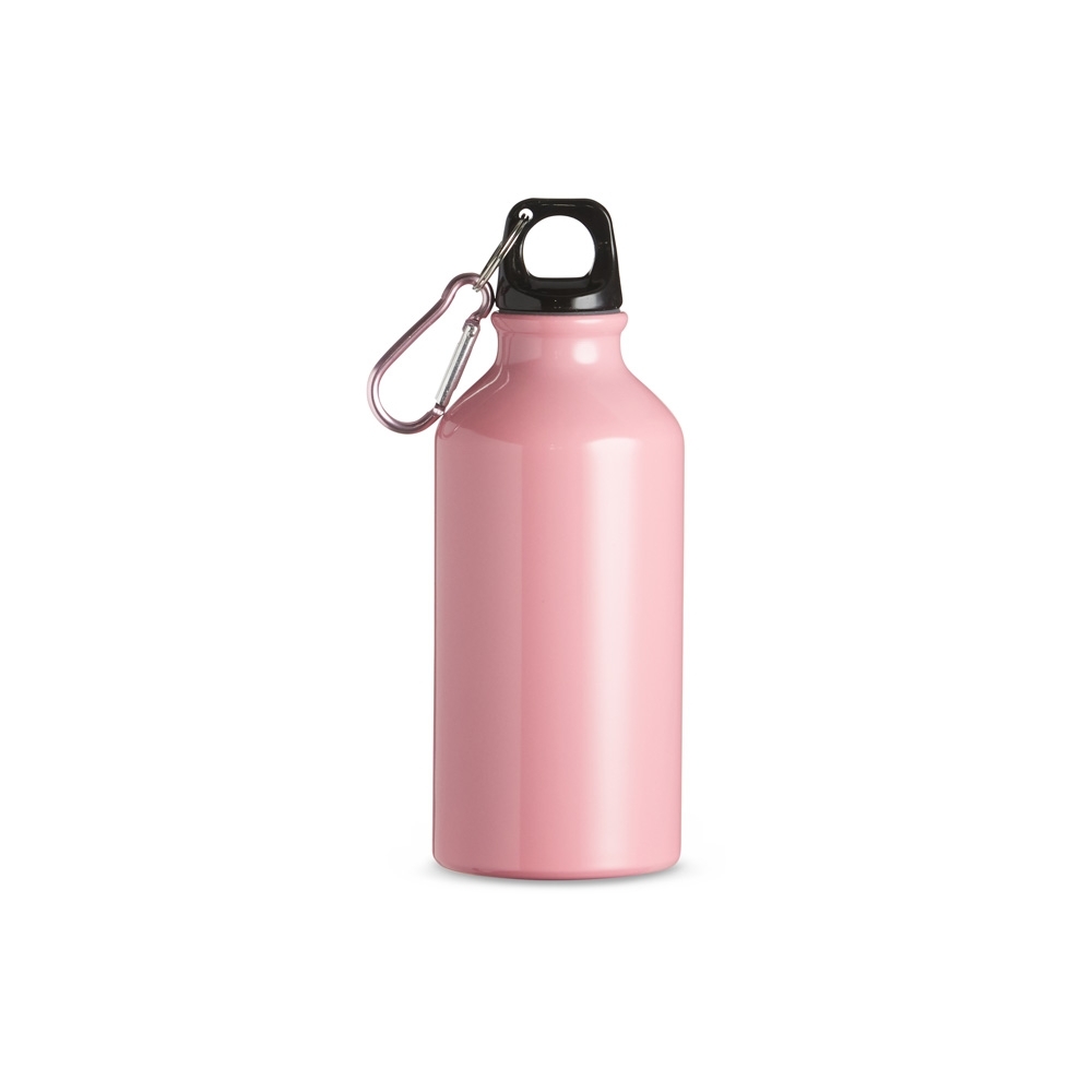 Squeeze de alumínio 420 ml com alça personalizado com a logo da empresa, na cor rosa / preto